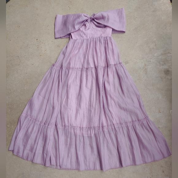 Elegant Off Shoulder Lavender Strapless Chiffon Bow Ruffle Tulle Dress - Picture 8 of 17